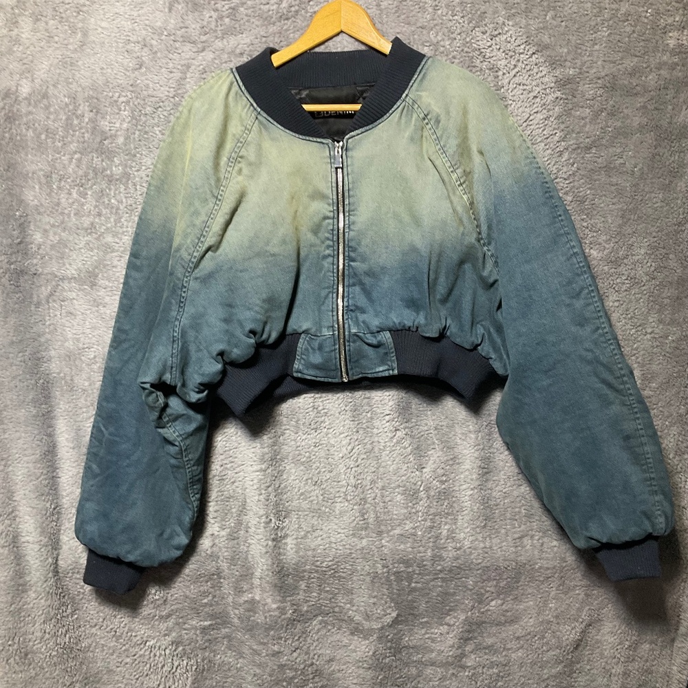 New EB Denim’s Lombardi Zip Cropped bomber jacket in colorway Olio (Blue Ombre)